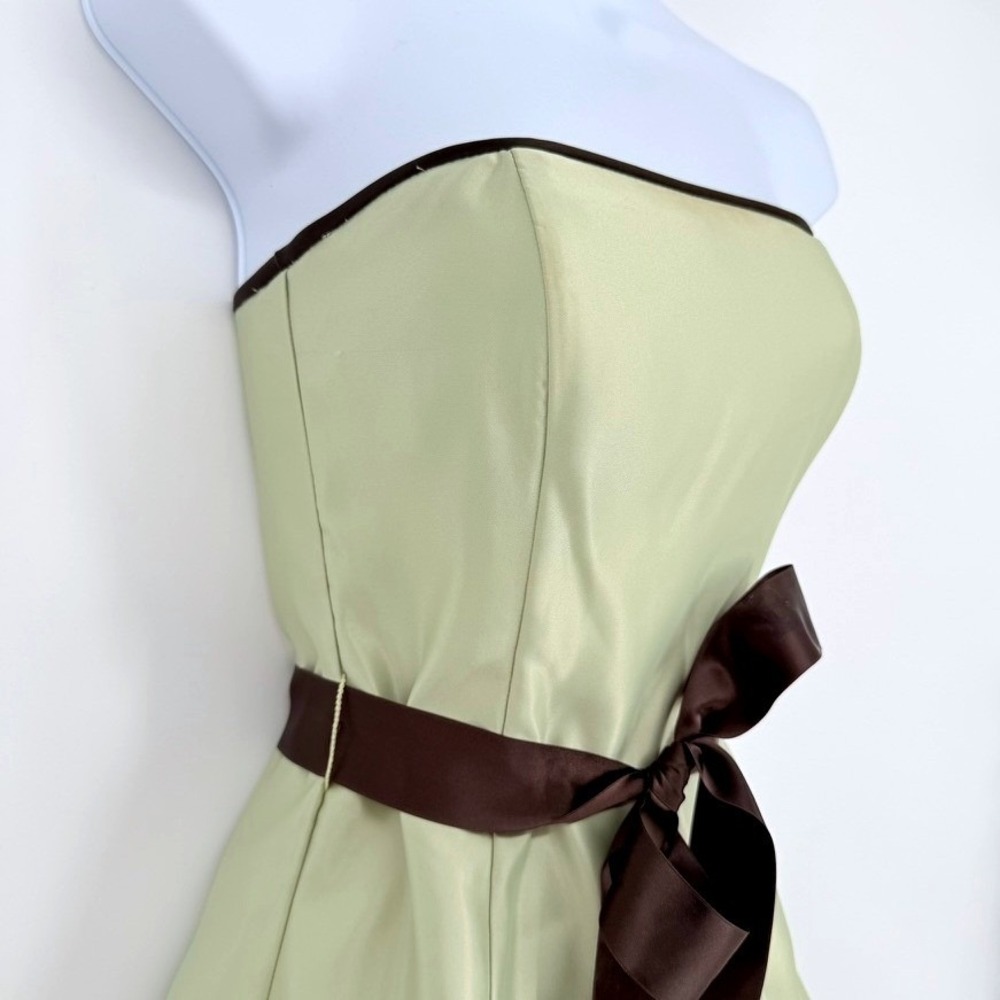 Jessica McClintock Gunne Sax Sage Green Satin Strapless Dress Brown Sash 3 Y2K - Picture 3 of 13